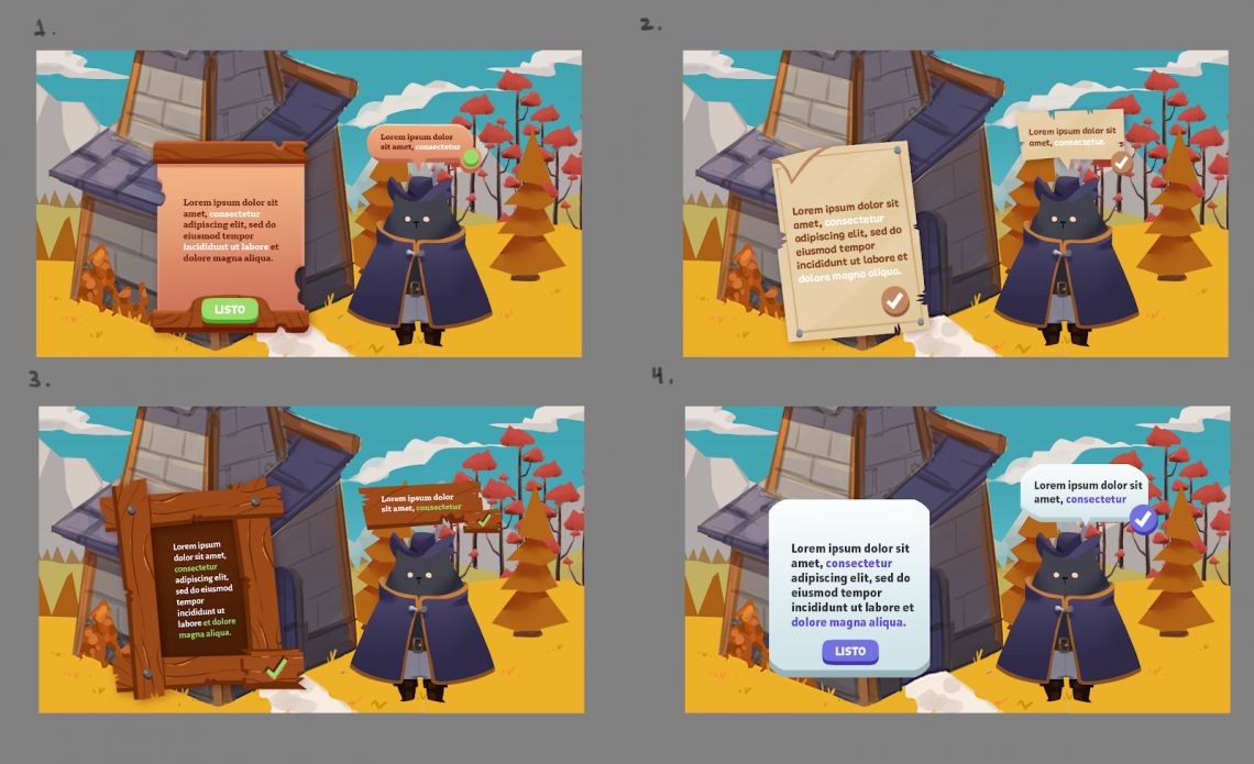 Different stages of design interfaces of our Puss in Boots game