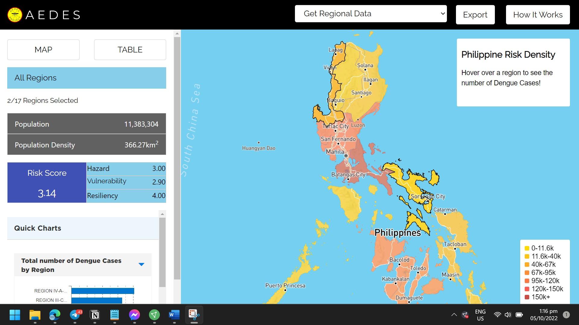 Project AEDES web application screenshot showing risk heatmaps in the Philippines